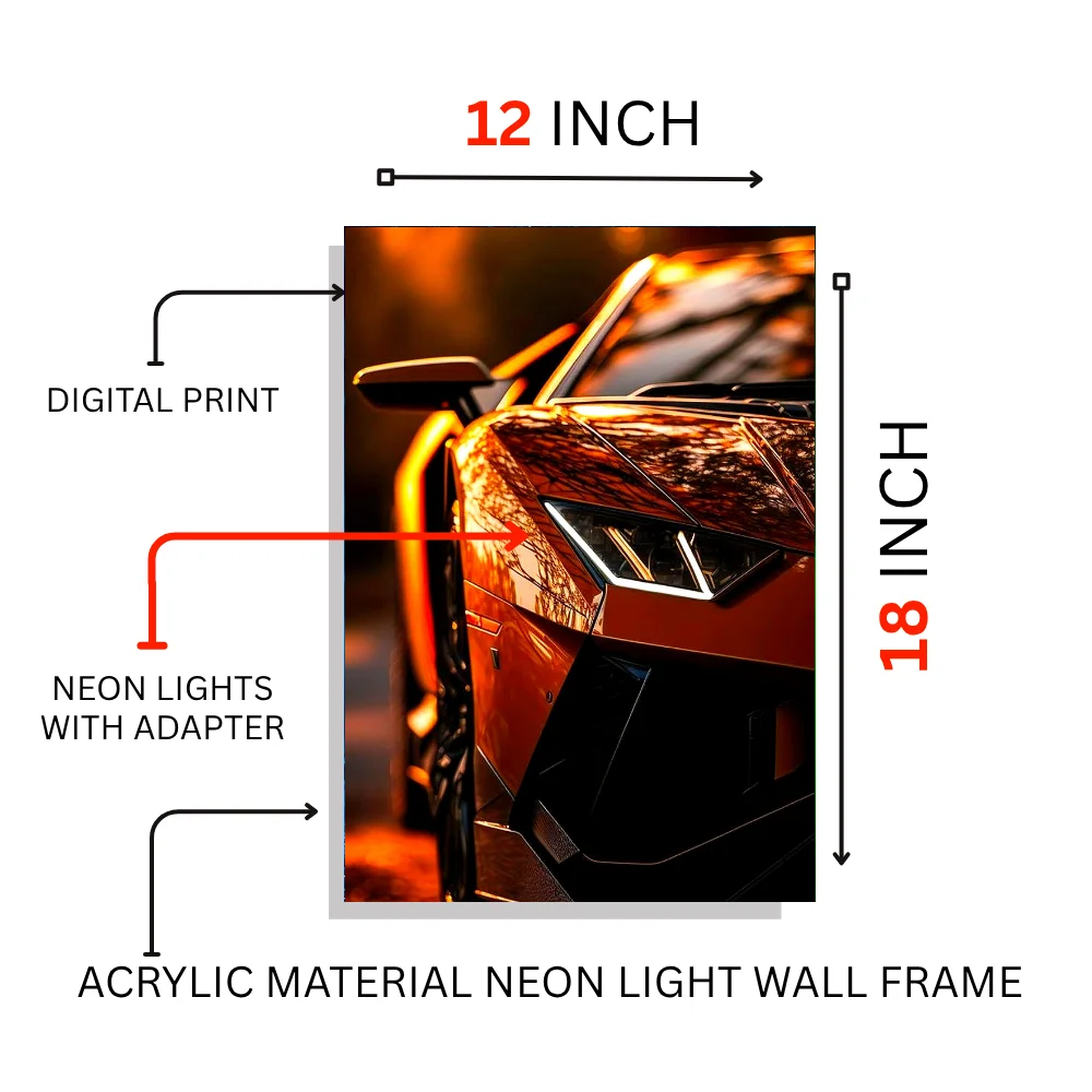 Djane Studio Neon Wall Frame | Acrylic Neon Car Frame for Living Room, Bedroom, Office & Gaming Room | Modern Home Décor | Pack of 1 | Size 12x18 Inch